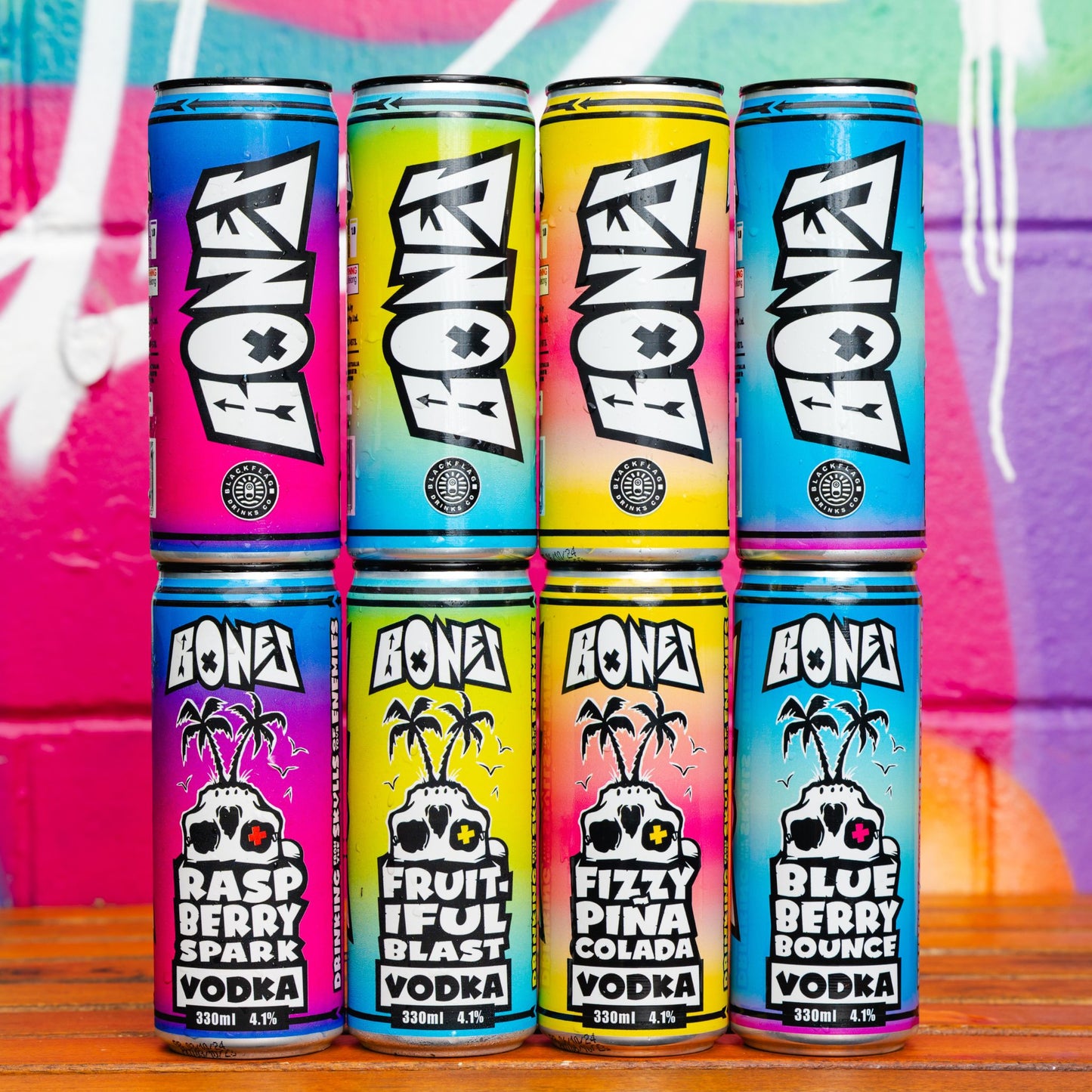 Blackflag mixed carton of Bones Vodka RTDs.